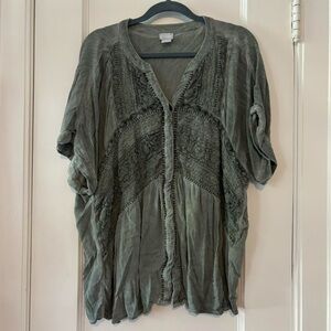 Chico’s Sage Green Boho Blouse, Crochet Detail, Size 4